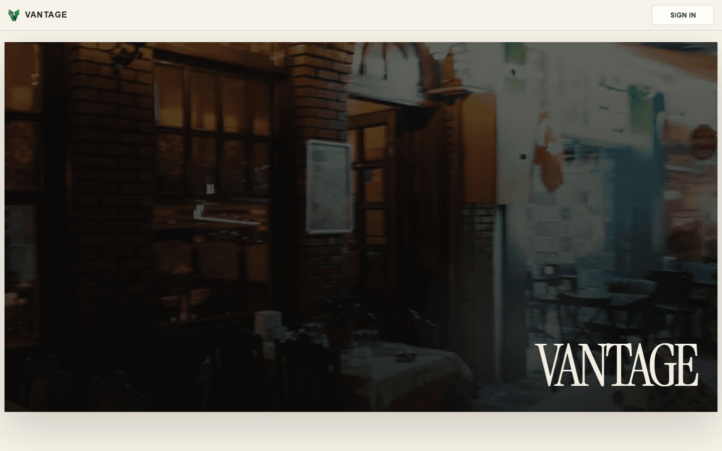 Vantage live deployment showing its navigation, sign-in action, and a large local-business discovery hero.